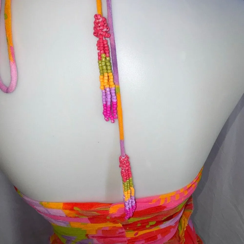 Farm Rio Colorful leaves halter ruffle tiered dress beaded tie XS EX cond - Picture 6 of 12